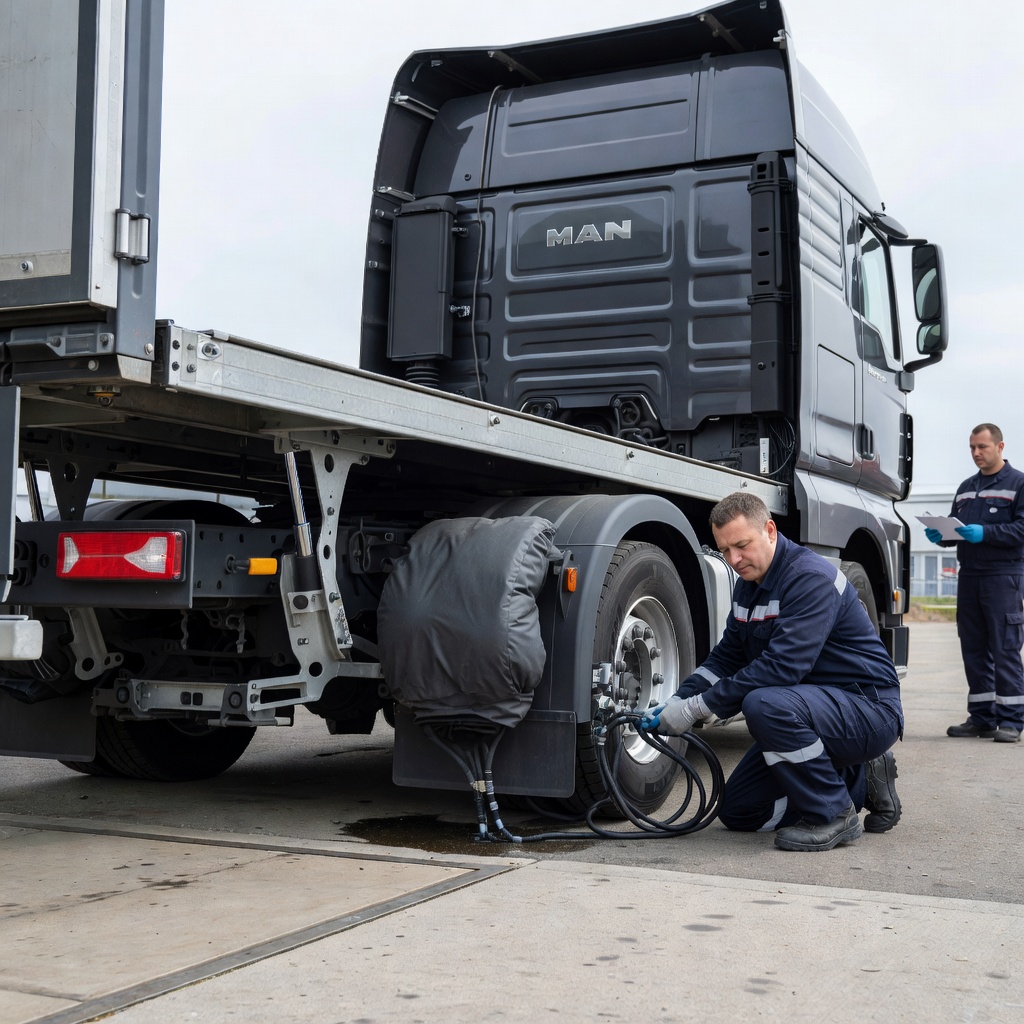 Create a high-quality, relevant image for an article about: MAN TGX: отказ ECAS при загрузке на гидроборту и порядок проверки. Не пиши ничего на фото, либо пишу на русском строго, проверяя все слова