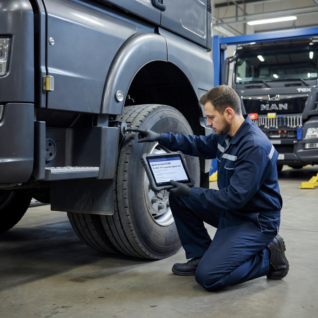 Create a high-quality, relevant image for an article about: MAN TGX с системой TipMatic: как проверить ECAS при отказе подъема задней оси. Не пиши ничего на фото, либо пишу на русском строго, проверяя все слова